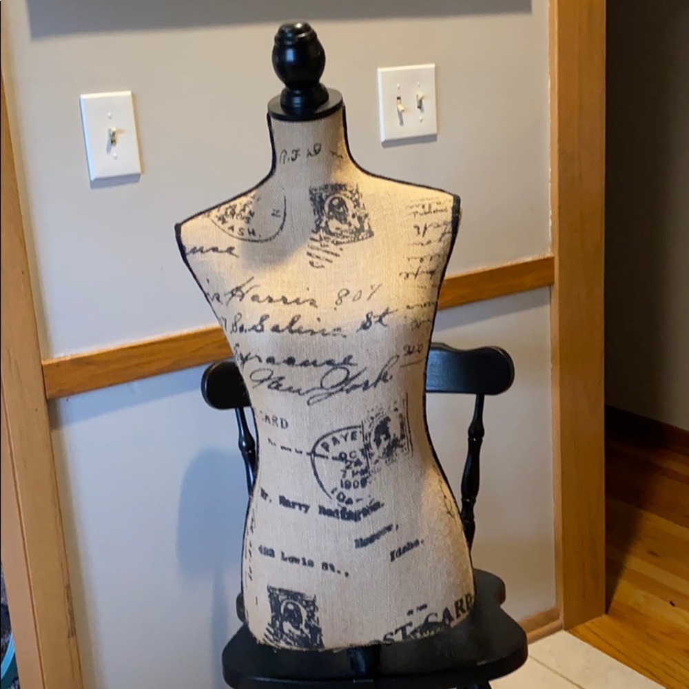 Burlap print manaquin attaches to chair or table